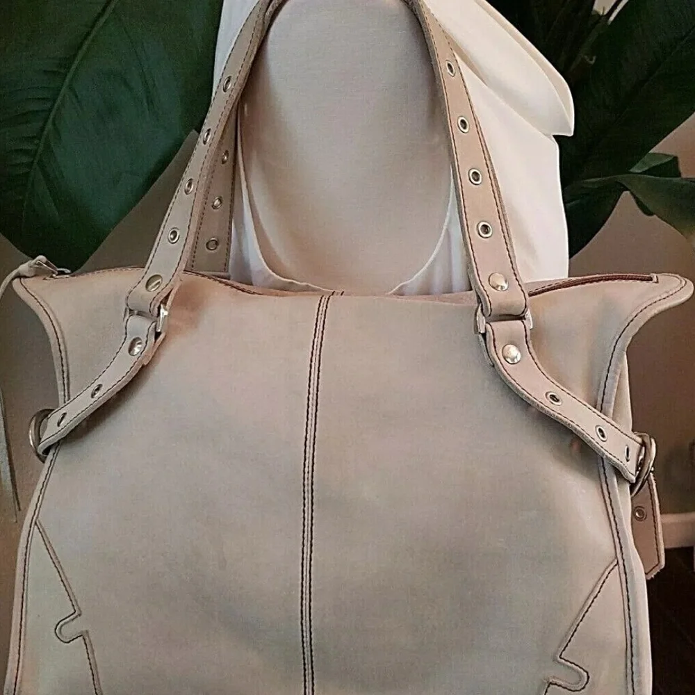 Kate Landry Cream Leather Shoulder Bag with Studded Straps made in Italy